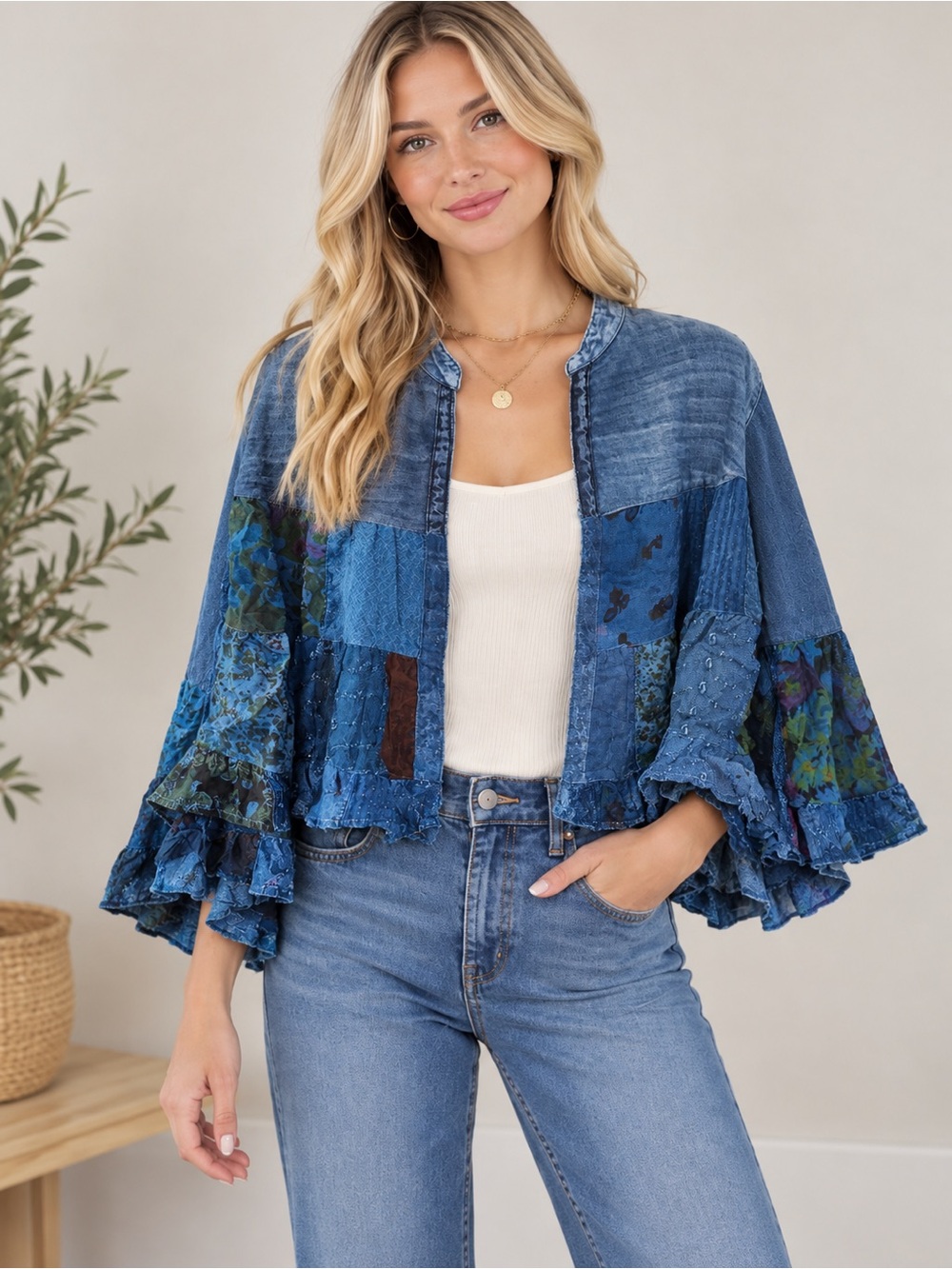 527. Women's Cropped Boho Patchwork Denim Jacket